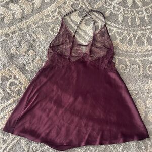 Victoria's Secret Satin Lace Sleep Dress Nightgown Purple Plum Sz L Cross Back